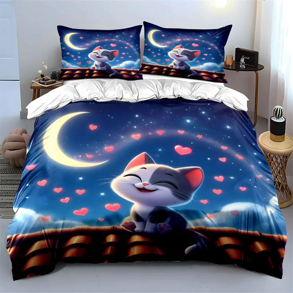 Smiling cat with hearts and moon Bedding Set for Kids Luxury Gift 3pcs Digital Print Comforter Set Soft Comfortable Breathable