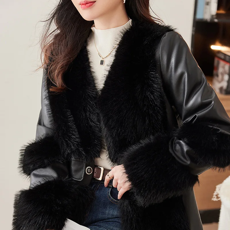 new casual fur jacket winter ladies loose spliced pu leather jacket