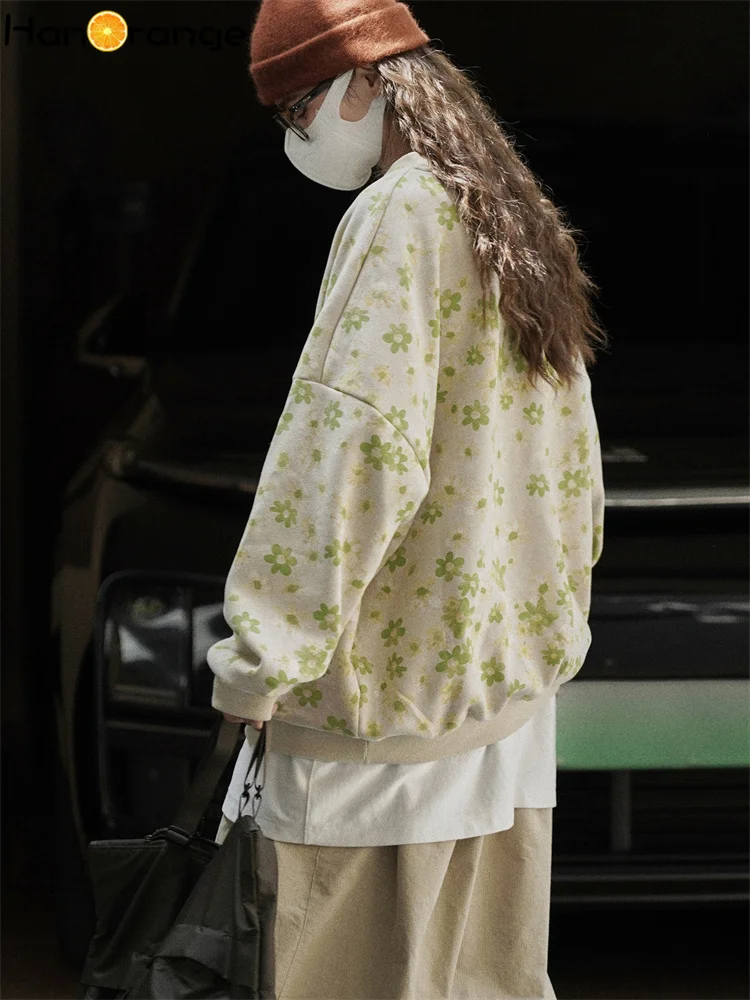 HanOrange 2025 Early Autumn Fashion Large Edition Shoulder Drop Floral Sweatshirt Women Delicate Smooth Top Apricot/Gray