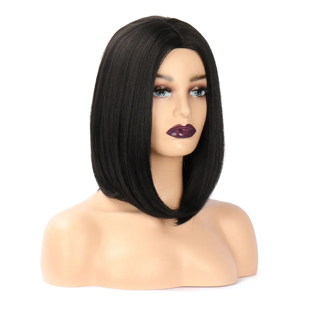 Black Straight Bob Cosplay cabelo peruca completa para as mulheres, curto, elegante, novo