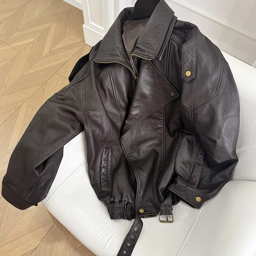 British High street sheepskin top double collar leather jacket Fall sleeve silhouette heavy industry leather jacket