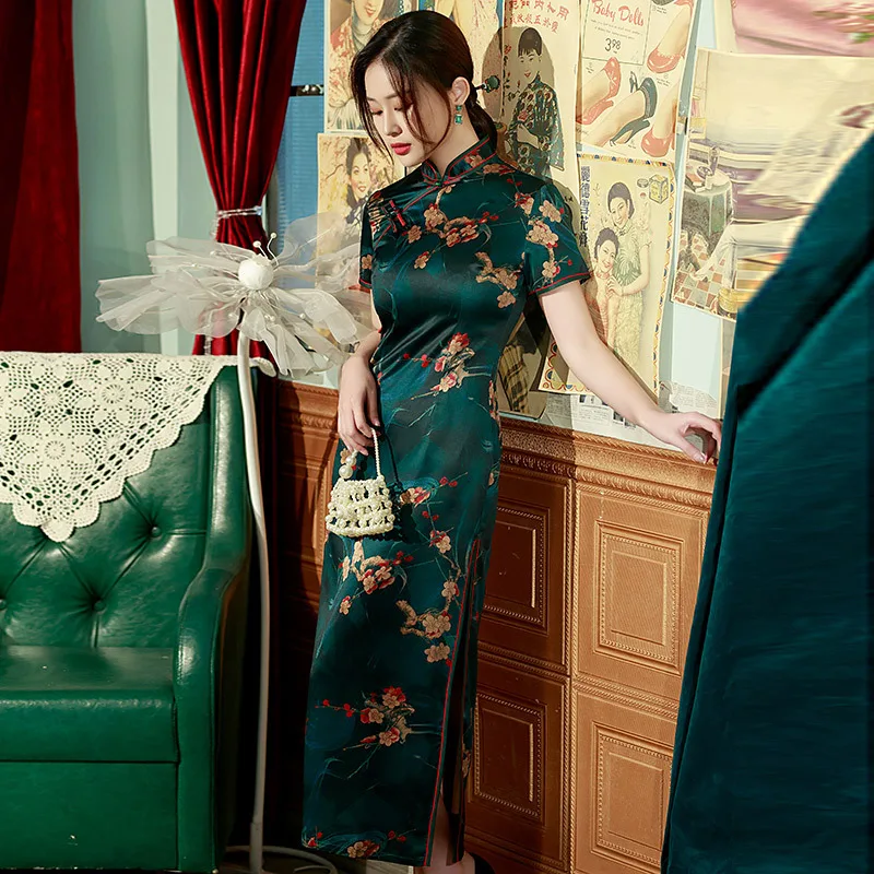 Yourqipao Summer 2023 Double-layer Long Green Cheongsam Chinese Style Catwalk Performance Evening Dress Elegant Qipao for Women