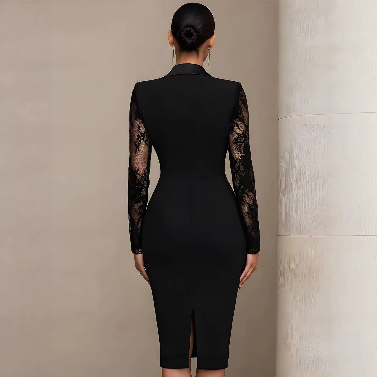 Elegant Lace Sexy Women's Slim Dress Long Sleeve Satin Notched Collar Hollow Out Office Lady Spring Fashion Casual Dress