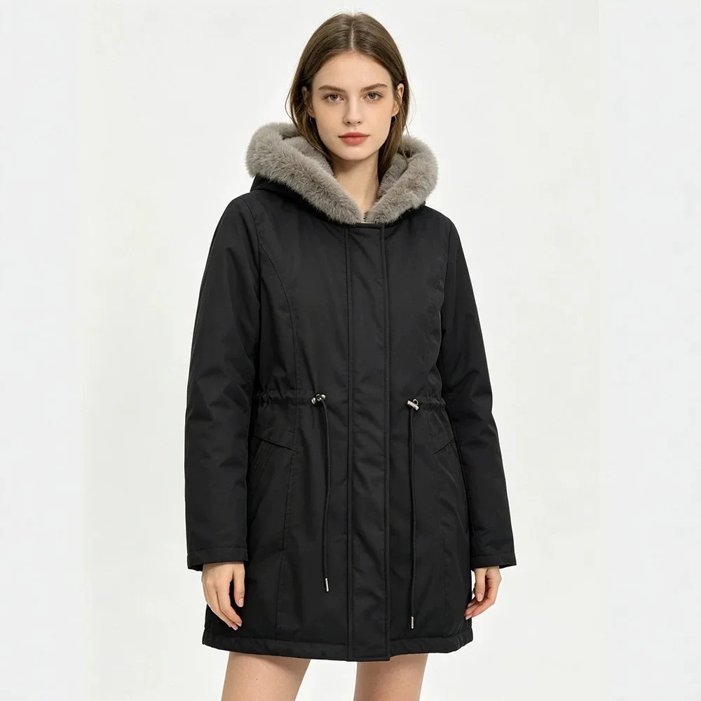Women Mid‐Length Winter Parka Hooded Faux Fur Lining Drawstring Waist Warm Outer Coat Side Pockets Casual Cold Weather Garment