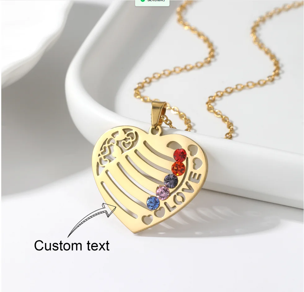 

Custom Birthstone Name Necklace Family Gift For Mom Personalized Names Engrave Heart Shape Necklace Stainless Steel Jewelry Gift