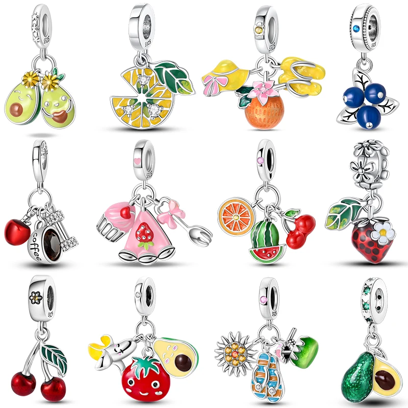 

925 Silver Strawberry Pineapple Avocado Fruit Dessert Series Sweet Charms Beads Fit Pandora Original Bracelets DIY Gift Jewelry