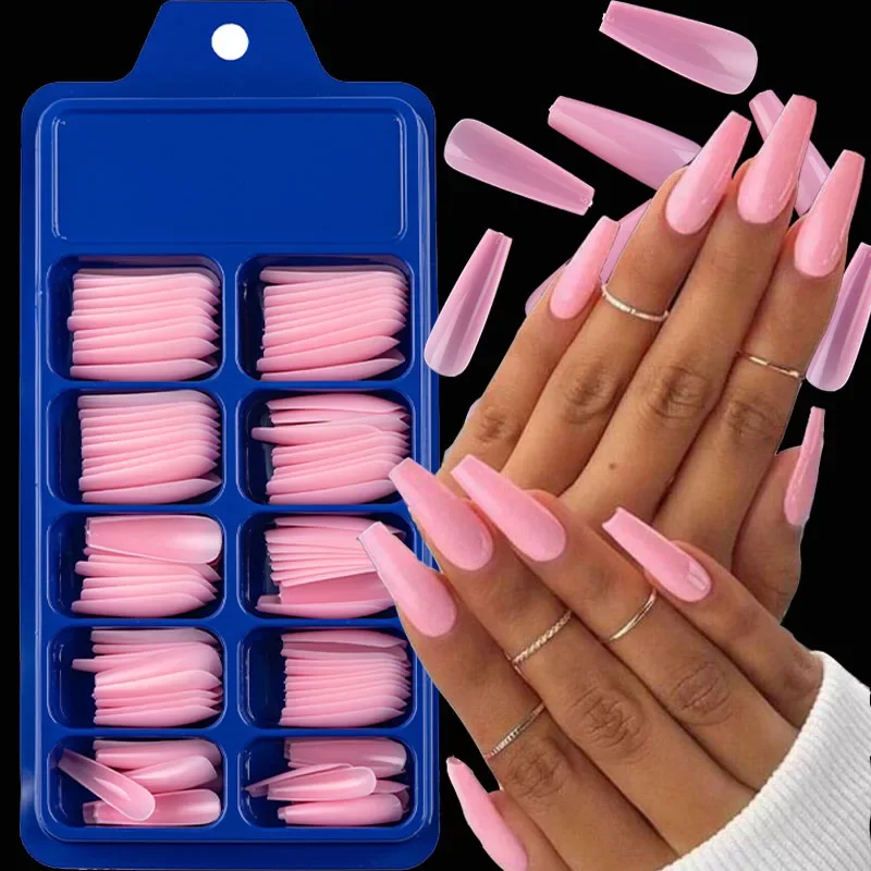 100pcs Blister Box Solid Color Pointed False Nail Stickers Long Ballerina Candy Color Red Blue Pink Nails