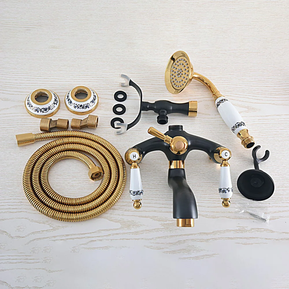 Black Oil Rubbed & Gold Brass 2 Handle Wall Mount Bathroom Bath Tub Faucet Set with 1.5M Hand Held Shower Spray Mixer Tap 2na547