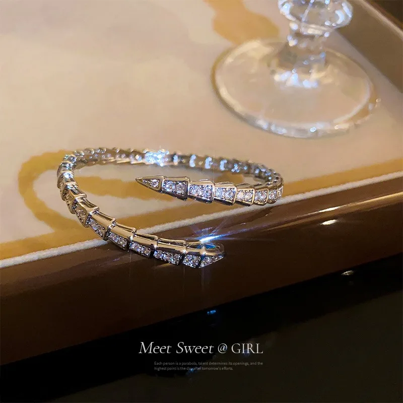 Zircon snake bracelet female niche design silver snake bone open bracelet fashion bracelet