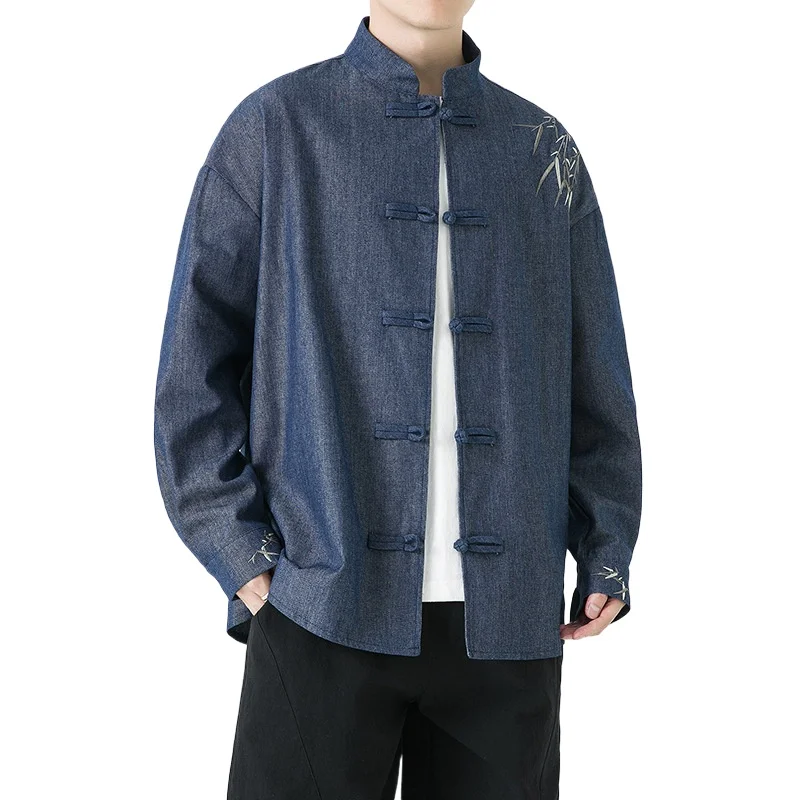 Autumn New Chinese Style Men's Long-sleeved Denim Embroidered Button-up Shirt Large Size Trendy Jacket