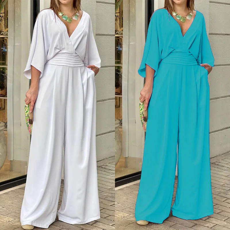 Temperament Elegant V-neck Women Jumpsuit Bat Sleeve Wide Leg Solid Color Simple Fashion Jumpsuit Loose Commuter Women Clothing