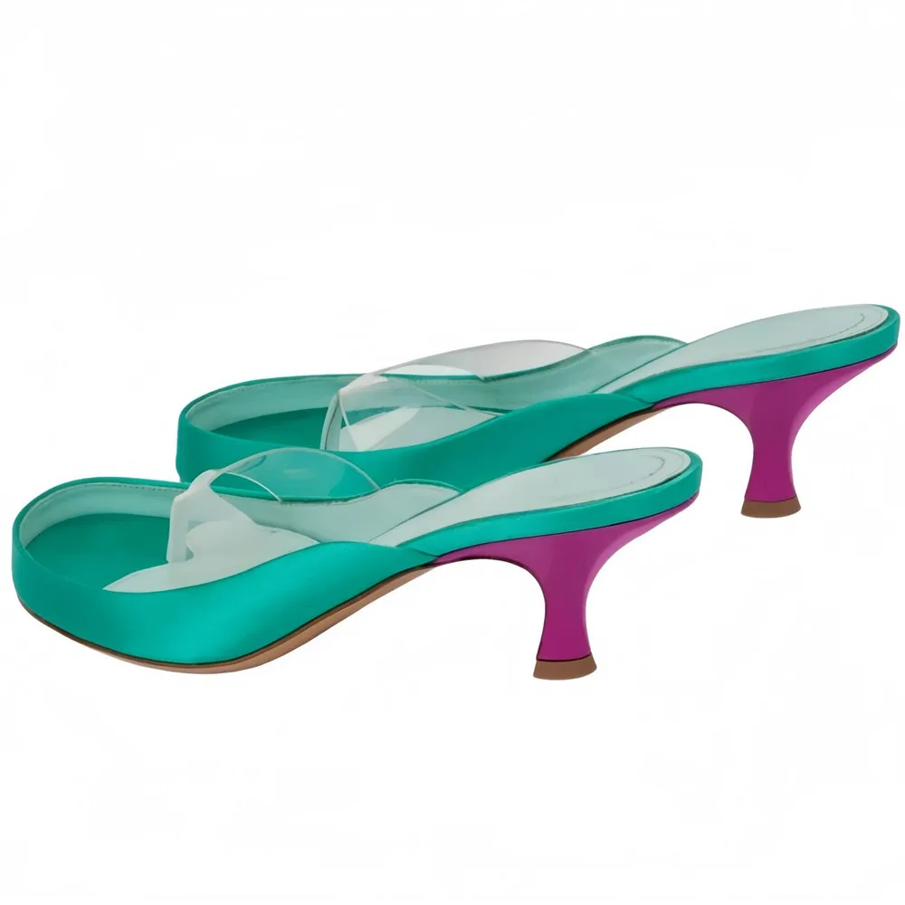 Women Gold Satin Thong Mules Clear PVC Strap Square Toe Kitten Heel Sandals Two Tone Blue Heel Slip On Summer Party Slides view 4