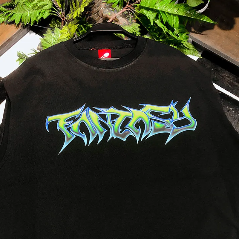 Heavyweight 240G Thorn Word Sleeveless T-Shirt Split Iron Back Couple's Wear Casual Loose Fit Summer Cotton Polyester Blend