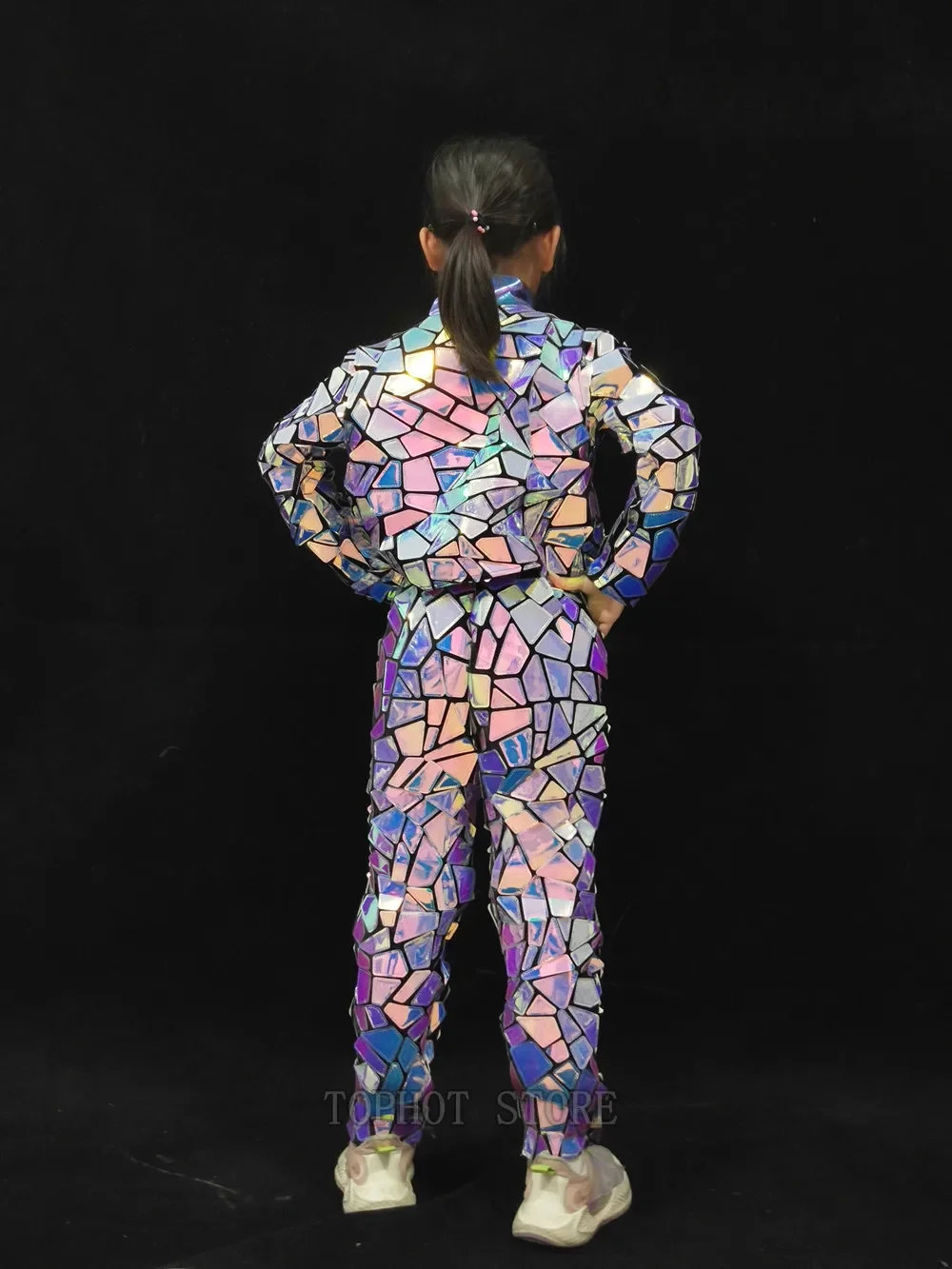 ファッションレーザースパンコール子供ジャズヒップホップダンスモデルキャットウォーク衣装コスチュームガールズストリートダンスパープルジャケットパンツ2点セット