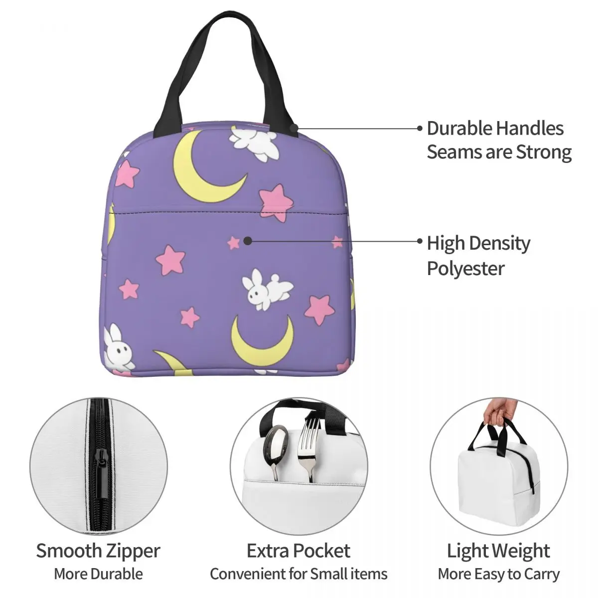 Leakproof Insulated Boys S-Sailor Moon Food Pouch Durable Lightweight Rabbit Hiking Storage Bag