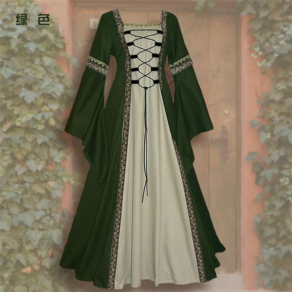 Bell Sleeve Long Sleeve a Line Sexy Dress with Patchwork Maxi Length Retro Square Neck Literary Retro Long Dress for Women - view 4