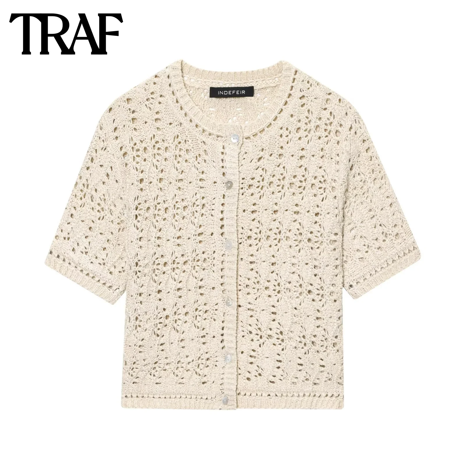 

TRAF Sweet Sweater Thin Cardigan Autumn New 2025 Women's Round Neck Short Sleeve hollow out Knitted Jacket chic Top