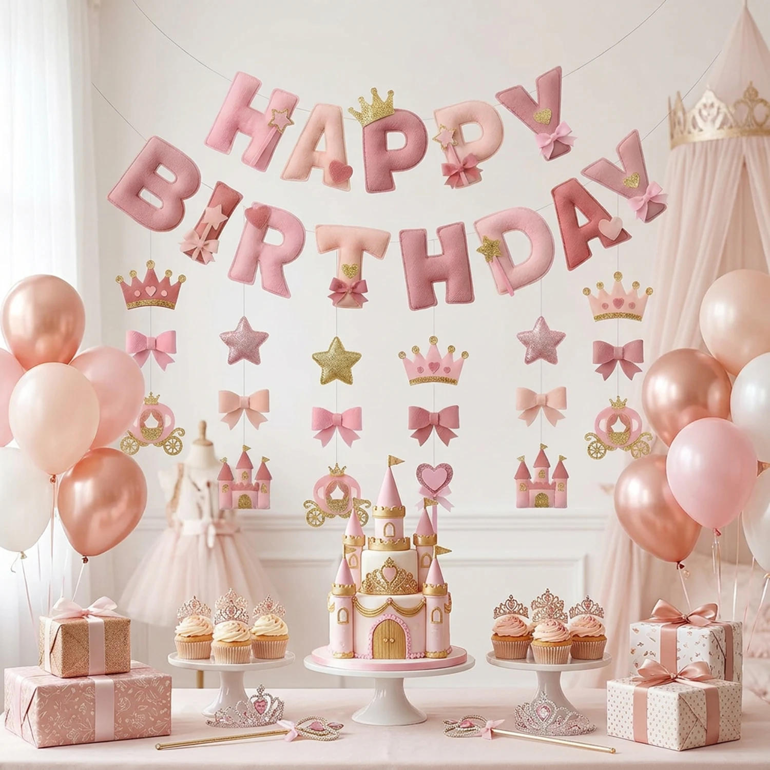 2D Felt Pink Princess Theme Crown Bow Carriage Hanging Spiral Garland Banners Decorations Princess Girls Birthday Baby Party image 2