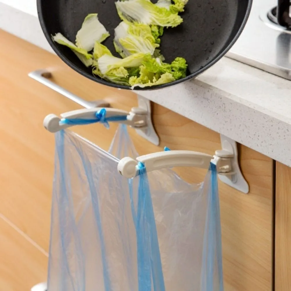 2 Pcs/Pack Cabinet Plastic Bag Hook Bracket Space Saving Beige Handheld Garbage Bag Holder Foldable High-quality