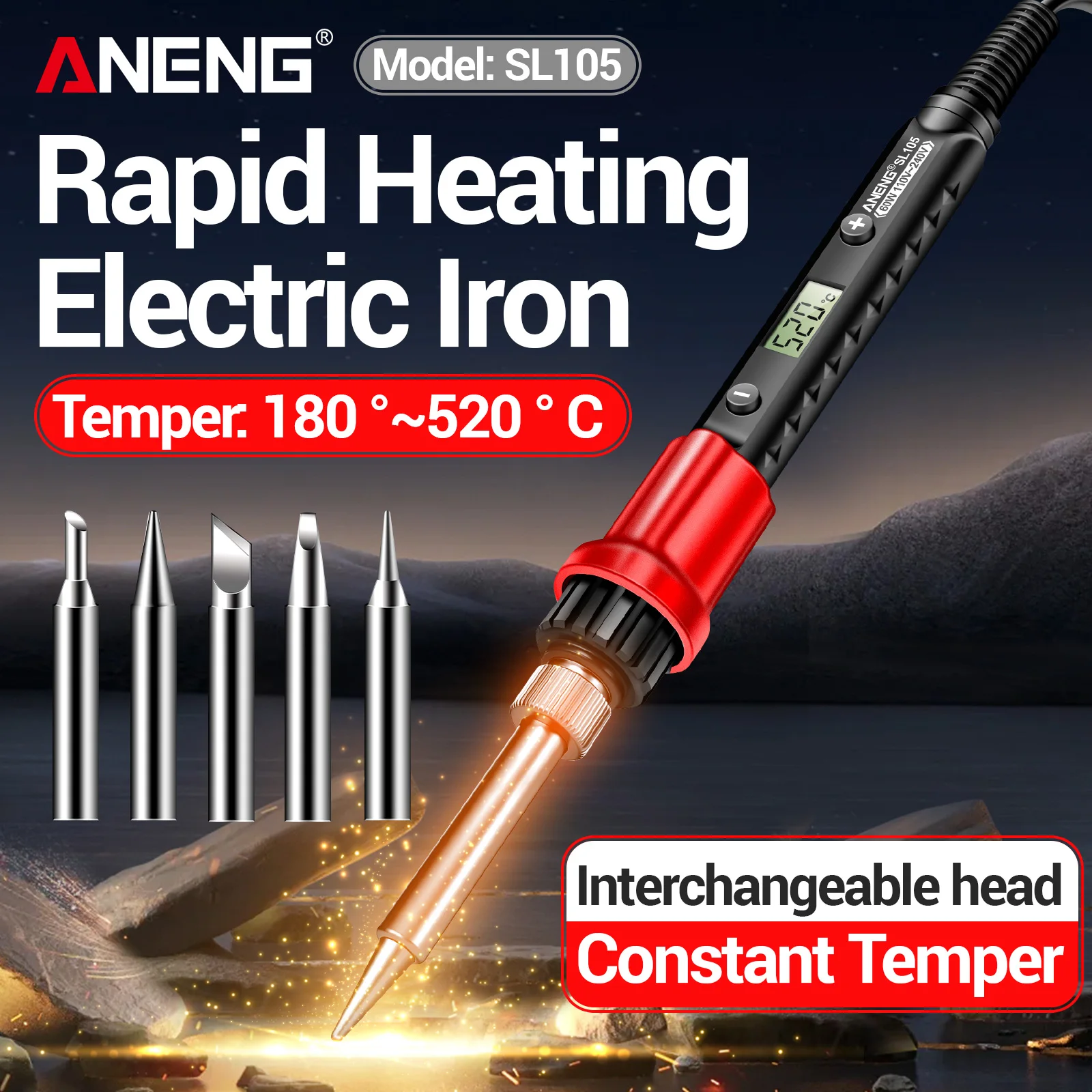 ANENG SL105 Digital Adjustable Temperature Soldering Iron 60W Internal Heating 180~520℃ PCB Circuit Board Maintenance Soldering