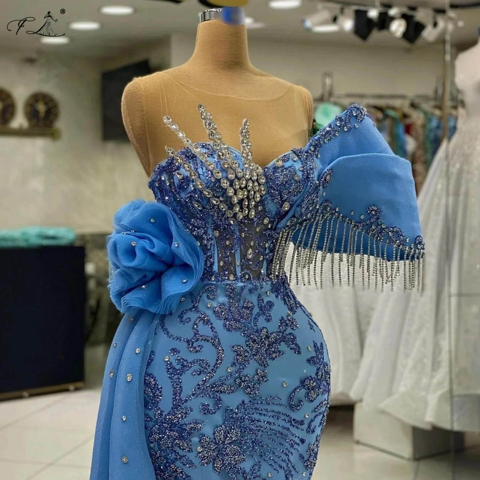 2025 Evening Dress Asymmetrical Sleeves Floral Train Rhinestone Tassels Embroidered Tulle Long Mermaid Ball Gown Cocktail Party