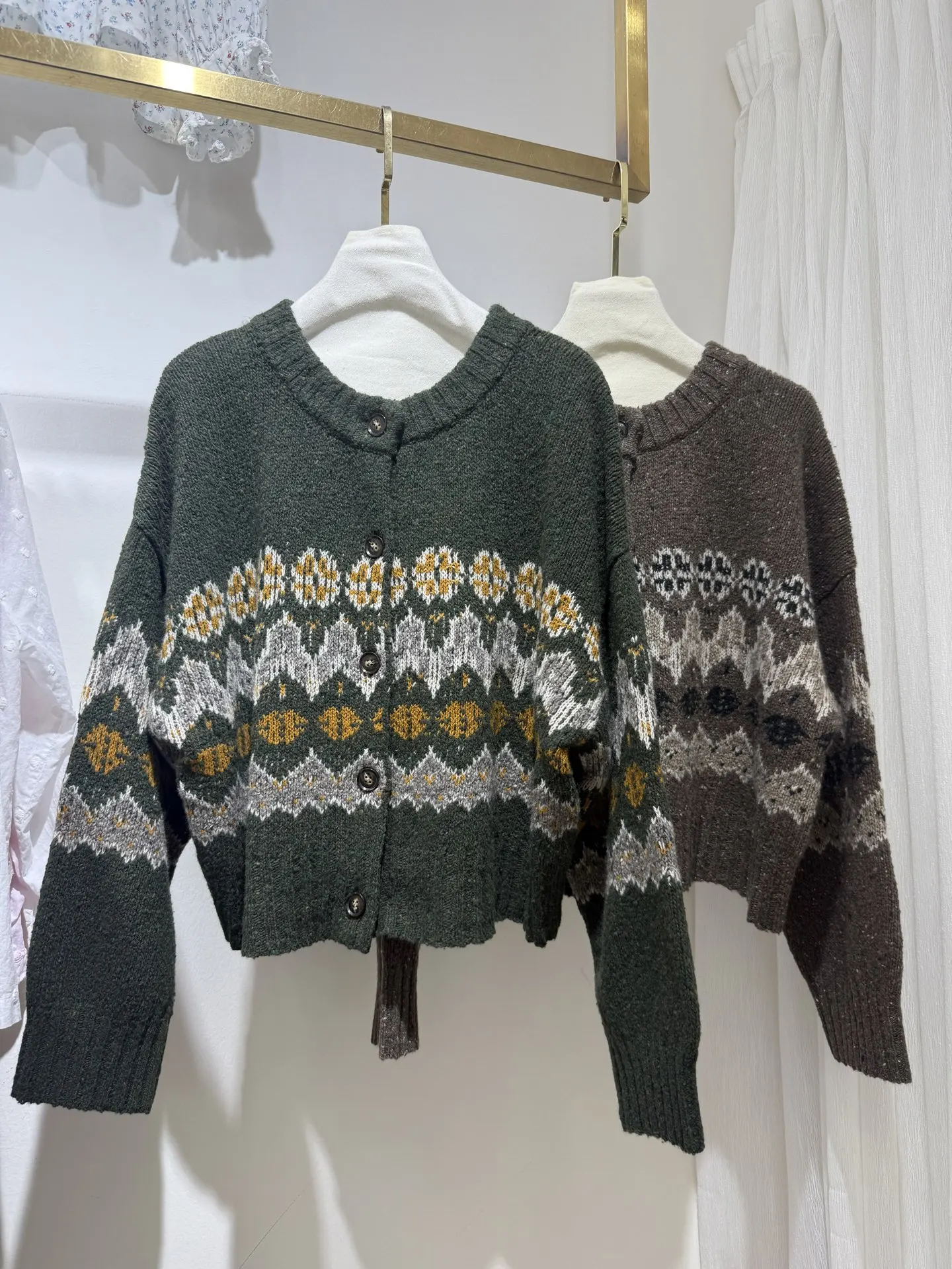 

Осенний женский шерстяной свитер Fair Isle, однобортный свободный вязаный кардиган с круглым вырезом и длинными рукавами в стиле ретро