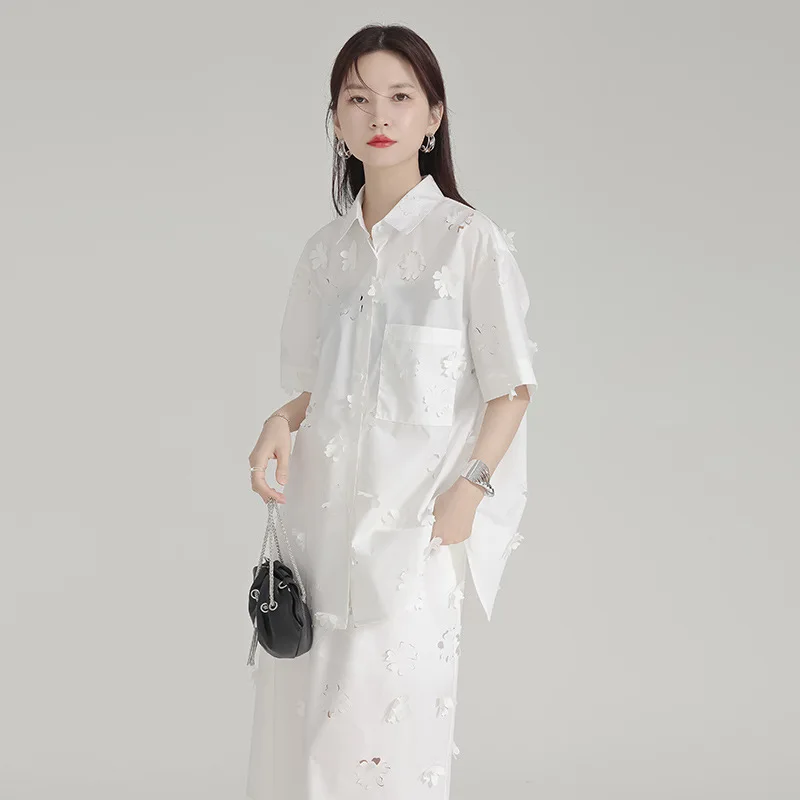 Tannt Women Shirt Flowers Patchwork Hollow Out Casual Shirt Blouses 2023 New Summer Loose Women Blouses Tops Black White