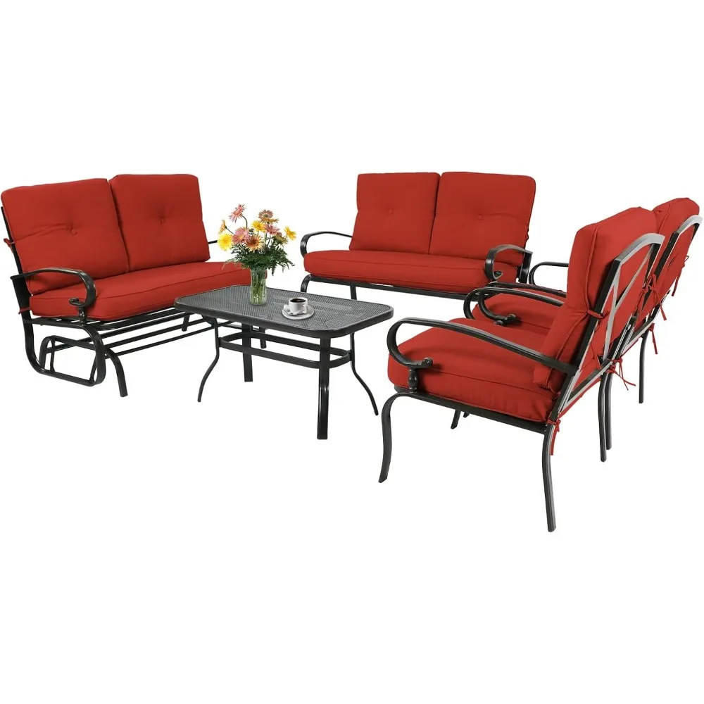 

5 Pcs(6 Seats) Outdoor Metal Furniture Sets Wrought Iron Patio Conversation Sets, (Glider, 2 Single Chairs, Loveseat