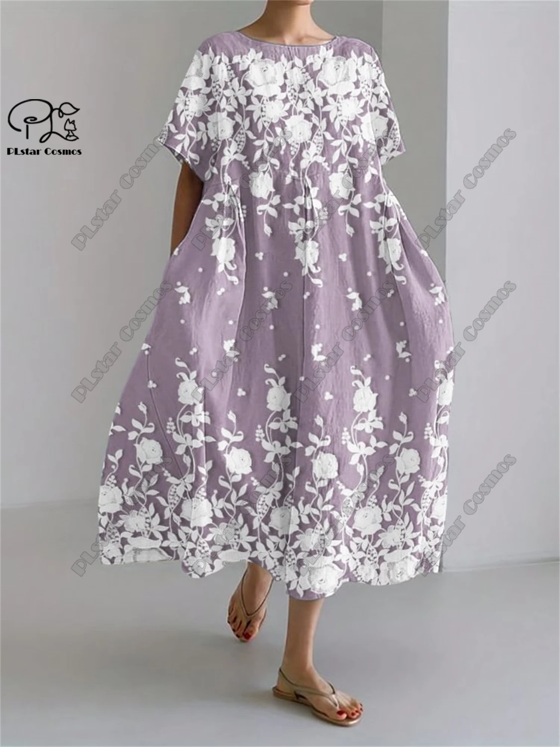 PLstar Cosmos 3D Printed Retro Floral Women's Short Sleeve Round Neck Dress Summer Casual Vacation Style Street Series 8