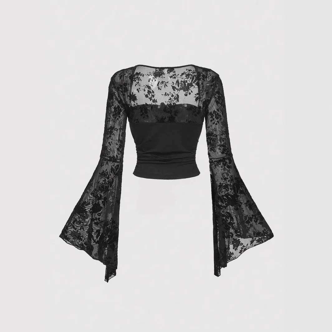 Gothic Sexy Lace Mesh Flared Long Sleeve Smock Y2K Vintage Black See Through Cover-ups T-Shirts Grunge Summer Women Streetwear