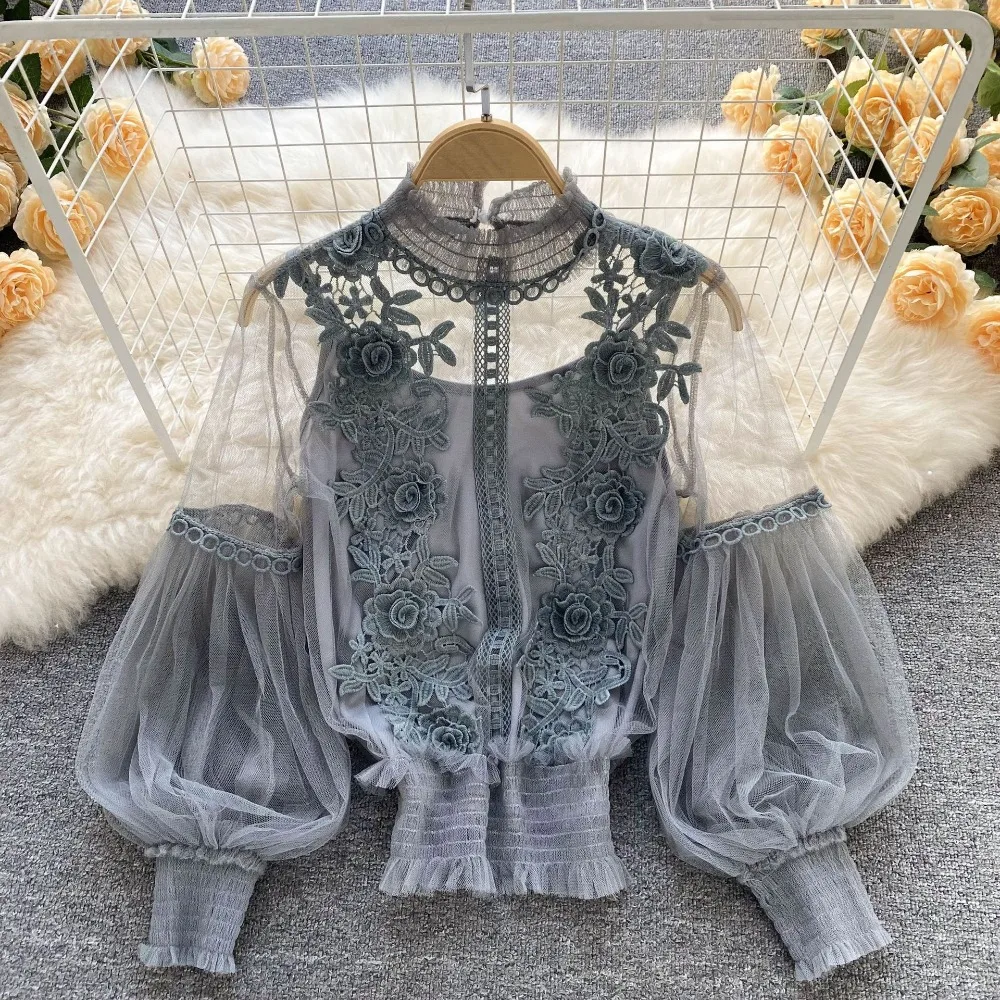 2Pcs/Set Summer Lace Puff Long Sleeve Blouse 3D Flower Fashion Cropped Top Vintage Korean Women Shirts Clothing Women