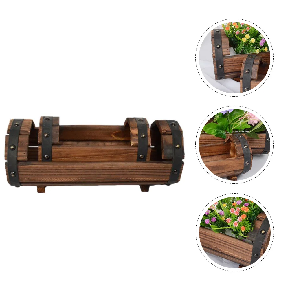 2 PCS/Set Solid Wood Flowerpot Plants Container Half Barrel Garden Planter Ornaments Wooden for Vintage Style Round Carbonized