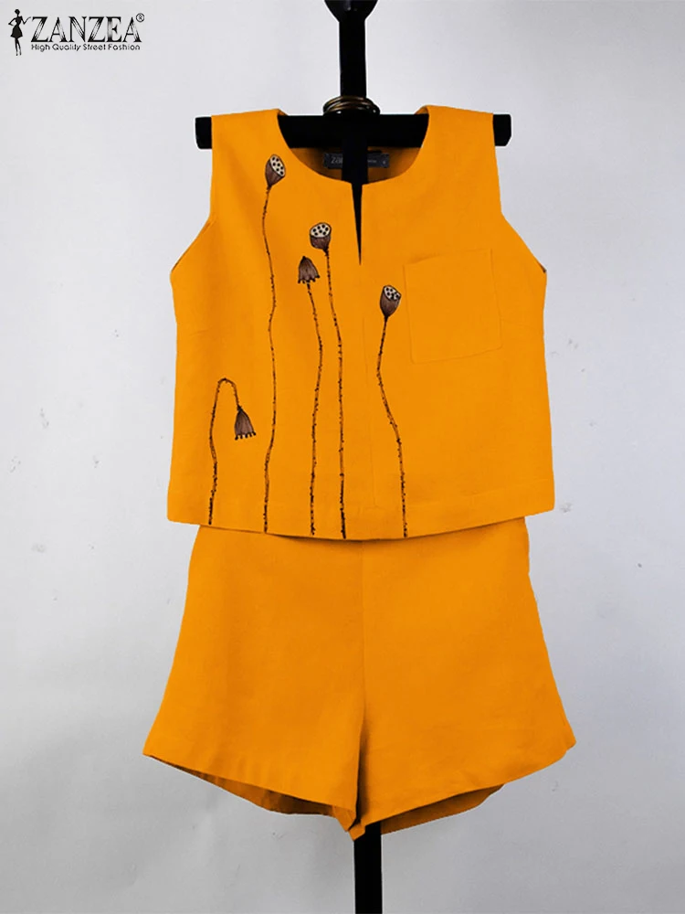 

ZANZEA Casual Short Sets Women Sleeveless Printed Tops Elastic Waist Shorts 2025 Loose Vintage Pockets Summer Matching Sets