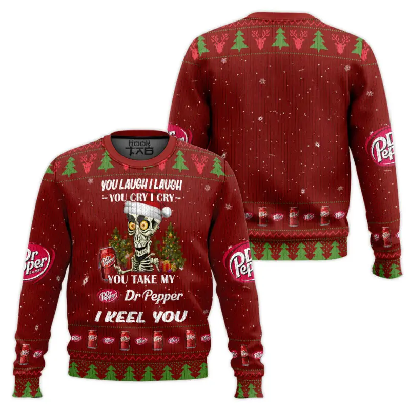 

Dr. Pepper Christmas Ugly Sweater Chili Band Snowflake Reindeer Full Prints Funny Skeleton Red And White Contrast Festival Party