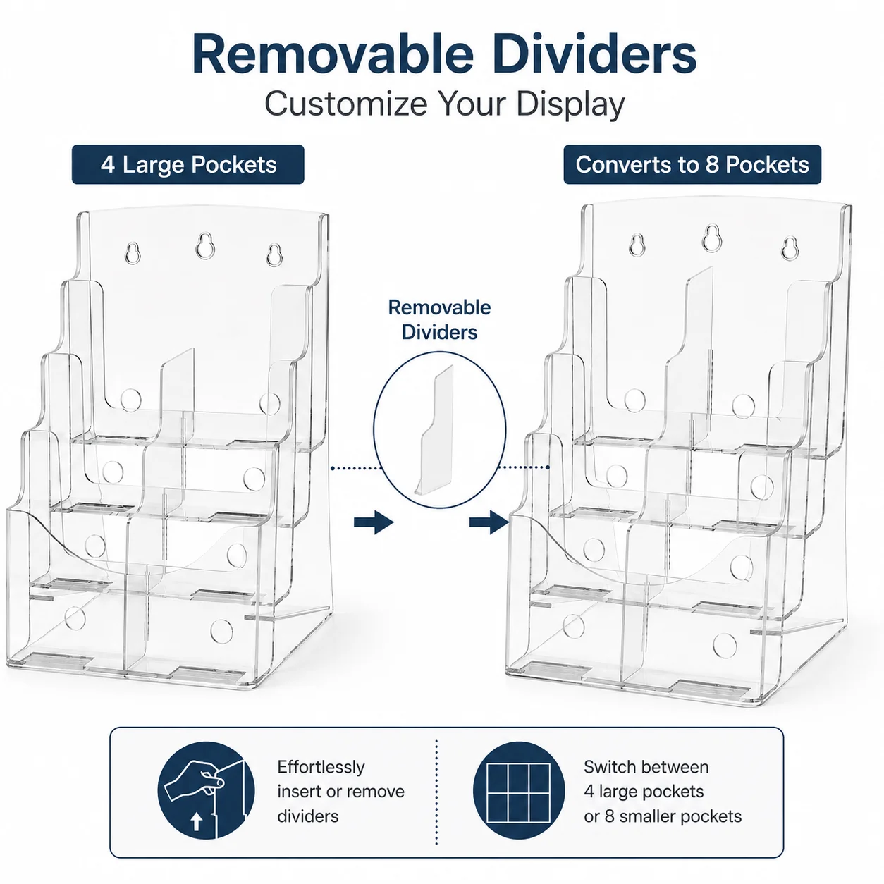  4-Tier Acrylic Brochure Holder 8.5 x 11 Inch, Clear Literature Display Stand with Removable Dividers for Countertop and Wall Mount, Office, Trade Show, Reception
