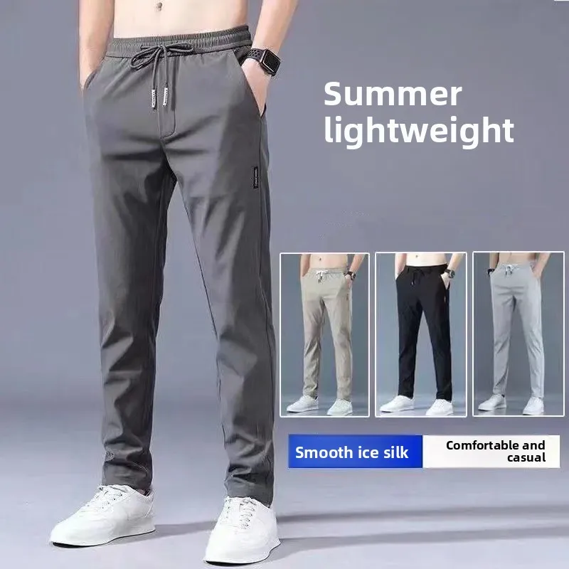 

Летние повседневные спортивные брюки из тонкого ледяного шелка, мужские свободные прямые брюки, мужские брюки, модные новые длинные брюки 2025 ket