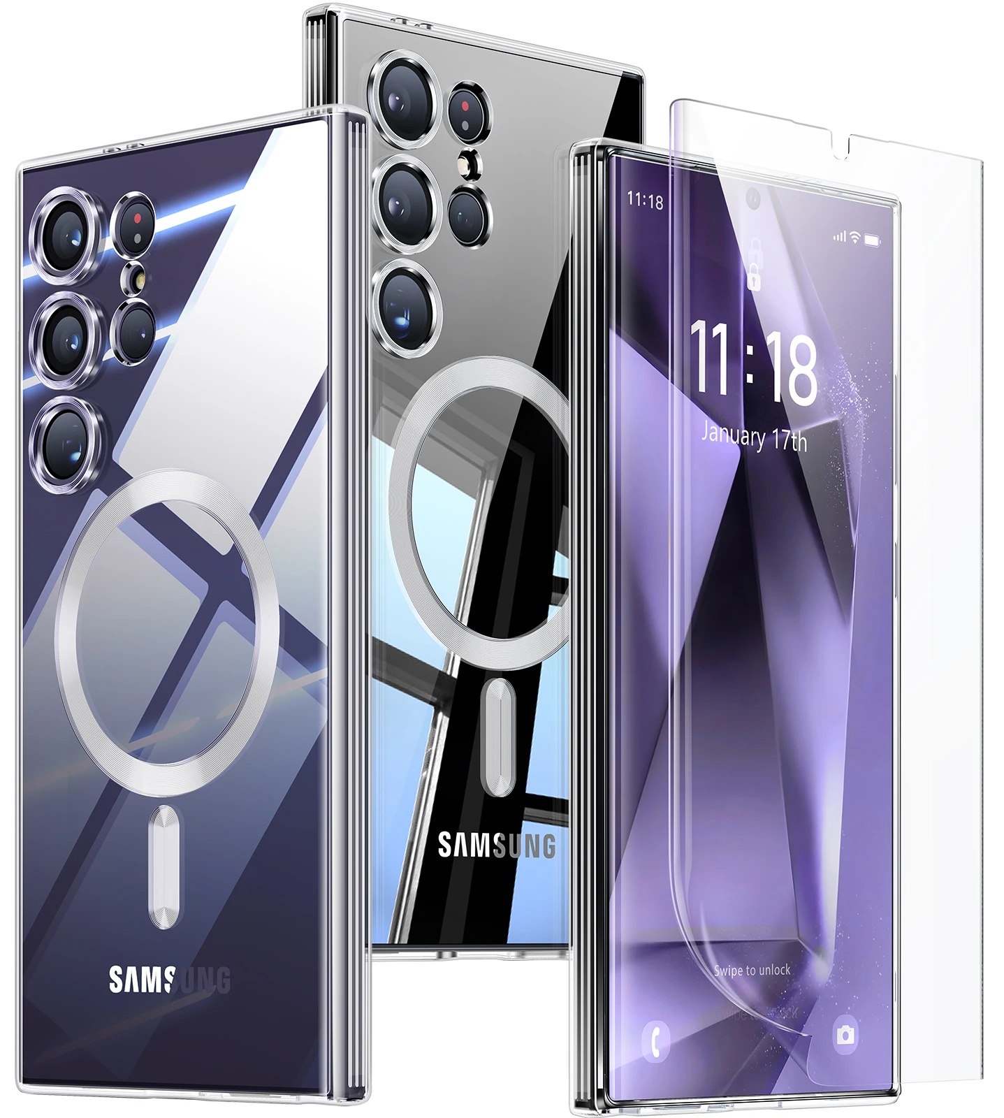 

3-in-1 Magnetic Case for Samsung Galaxy S24 Plus Ultra Glitter Clear, MagSafe Compatible, No Yellowing, 2X Screen Protectors