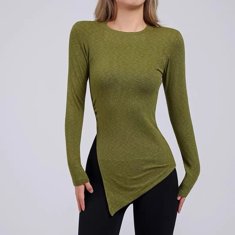 Women Ruched Waist Side Slit Long Sleeve Yoga Tunic, Soft Breathable Slim Fit Fall Top for Gym & Pilates Training
