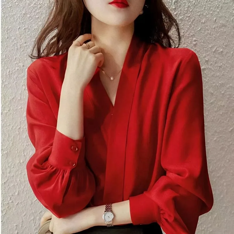 Camicetta in Chiffon a maniche lunghe con scollo a V moda coreana da donna camicetta Casual da lavoro elegante da donna primavera autunno rosso top