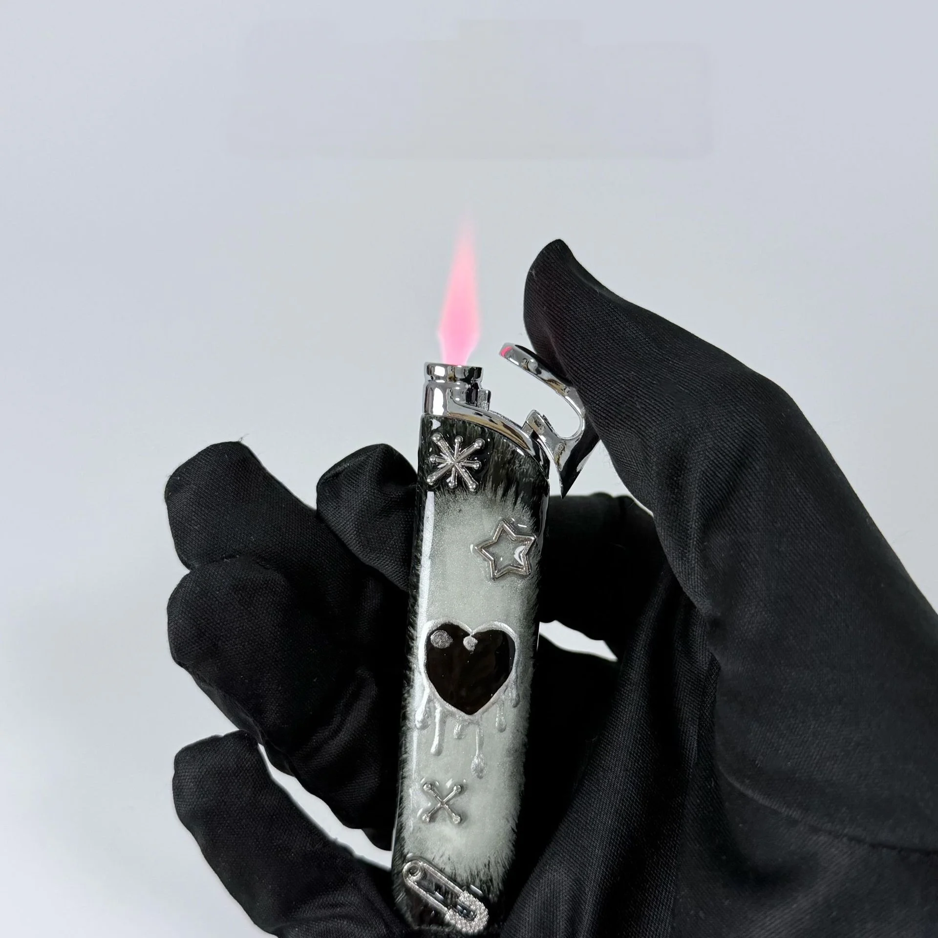 Melting Heart Pattern Gas Lighter Dark Aesthetic Star Cross Accent Refillable Windproof Pocket Accessory Black Silver Gradient