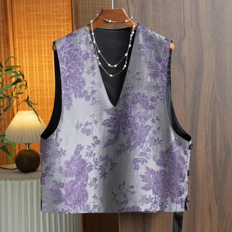 2026 Purple  Cotton New Chinese Style Embroidered V-neck Vest Sleeveless Top Women Summer Fashion Outerwear