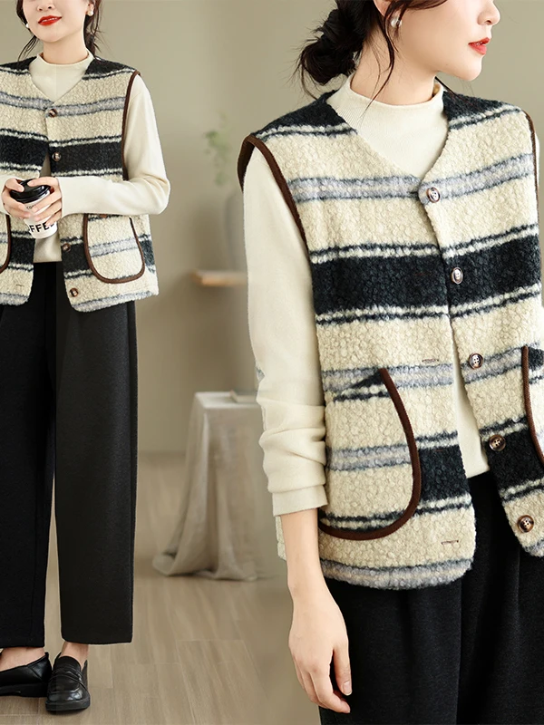 Women's Retro Design Lamb Fur Vest Striped Color Block Warm Outerwear Commute Style Thickened Loose Fit Regular Length