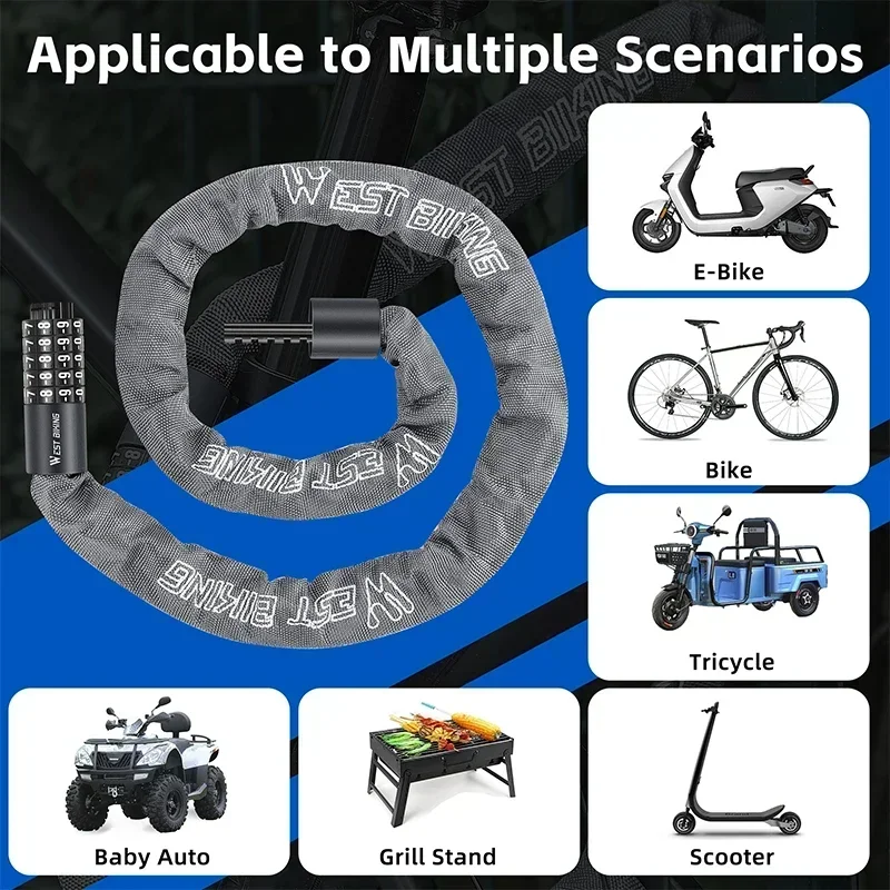 100-150cm Bicycle Chain Code Lock Safety 5 Digit Combination Anti-Theft Bicycle Motorcycle Lock E-bike Accessories