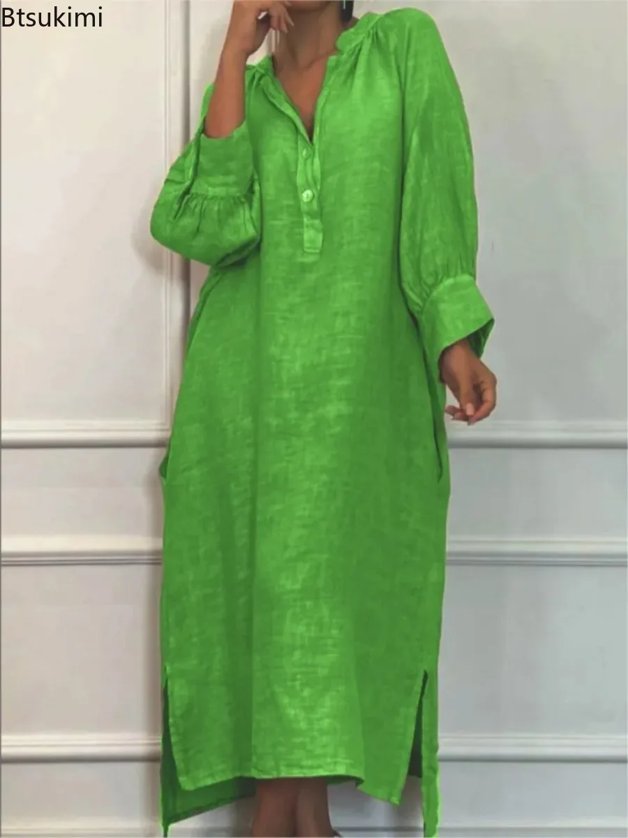 New 2026 Cotton Linen Long sleeve Loose Women's Dresses Spring fashion Collection Casual Simple Pocket Elegant Female Slit Dress
