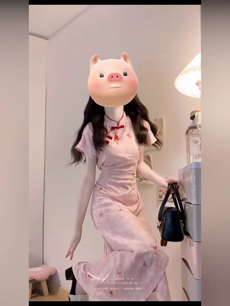 새로운 중국 스타일 핑크 플로럴 디자인 센세이션 여름 국가 트렌드 롱 드레스