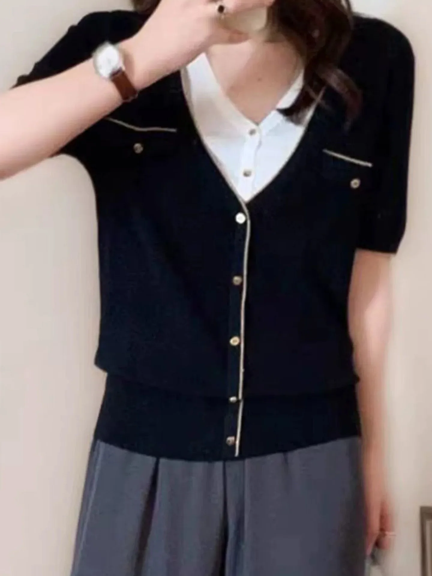 

Ice Silk Knitted V-Ne ort Sve Top Women's Commute Faionable Casual Loose Fit Color Blo Design Summer T-irt