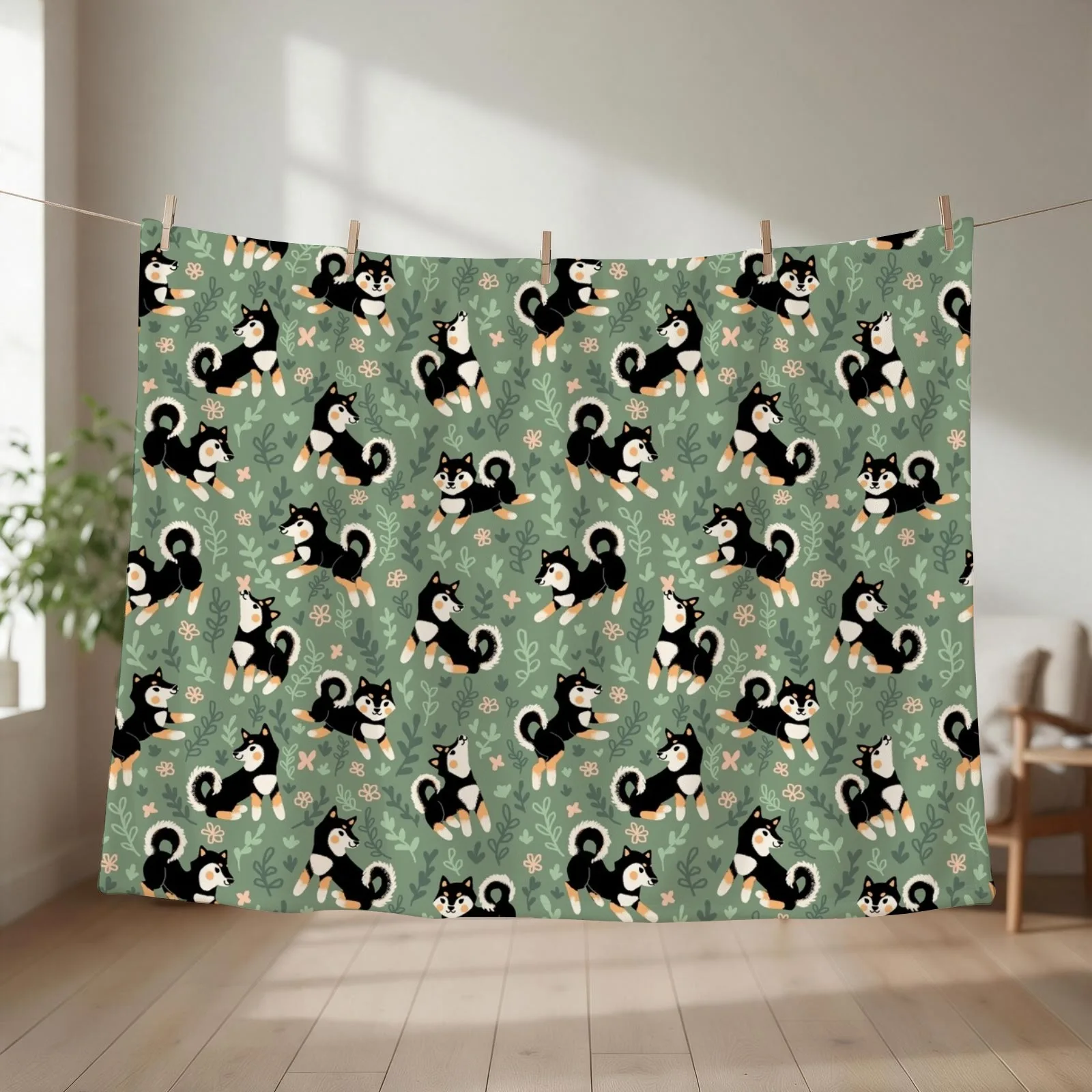 Playful Black And Tan Shiba Inu Pattern Throw Blanket couch cozy soft plush fuzzy picnic outdoor blanket