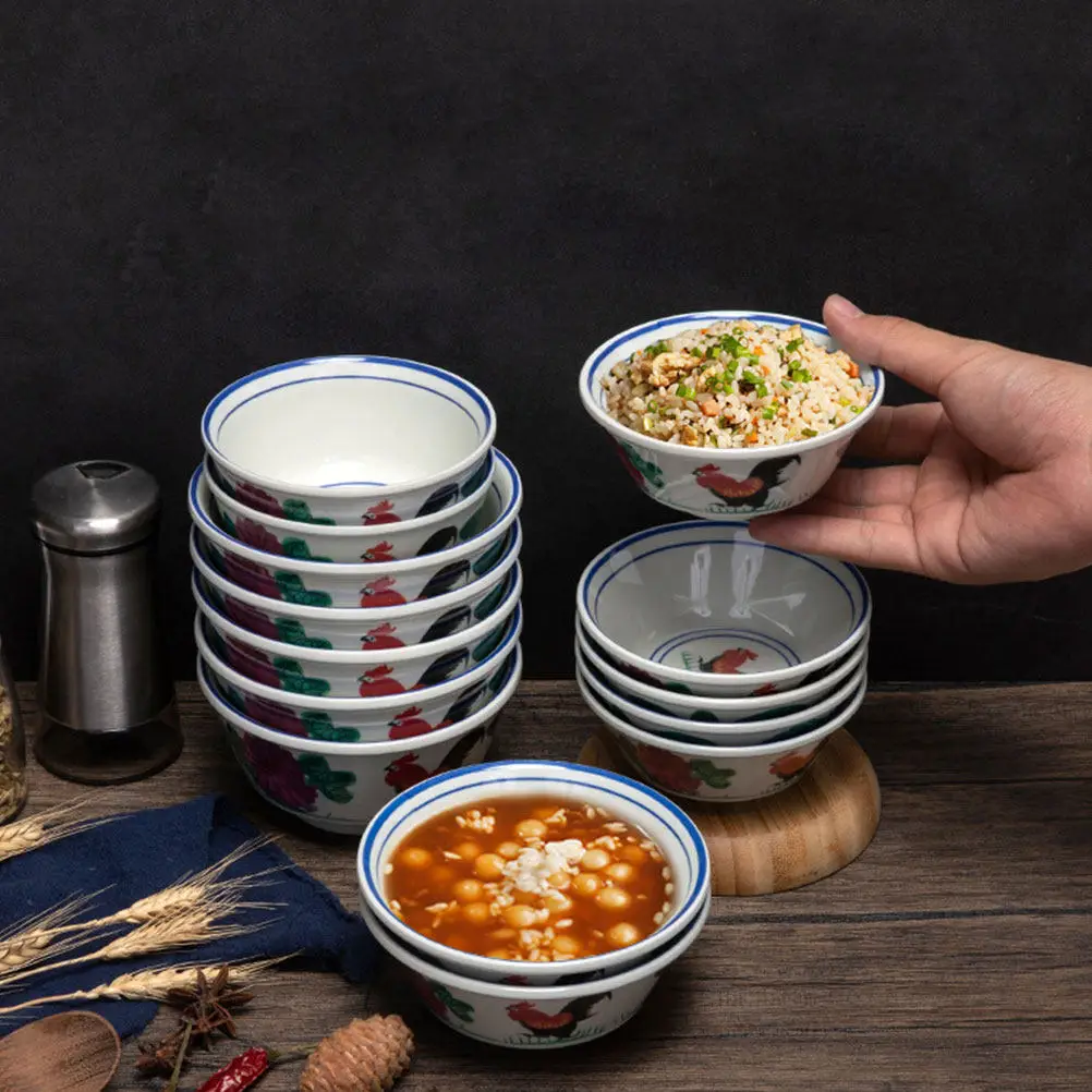 Tazón de Arroz con Estampado de Gallo Retro, Plato para Servir Comida Estilo Vintage, Decoración de Cocina Rústica, Tazón para Sopa, Fideos y Ensalada, Aspecto Cerámico