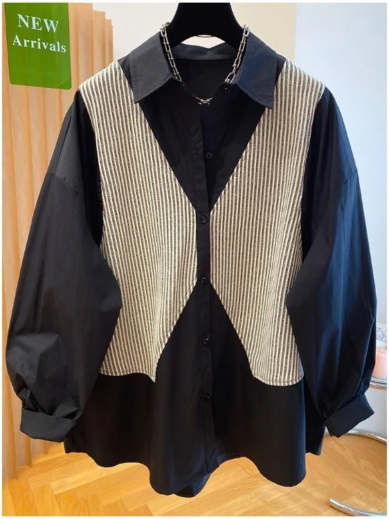 

plus Size 300 Pounds Casual Shirt Men Women Loose Mid-Length Autumn Winter New Style Breathable Polyester Fiber Blend Stripe ...