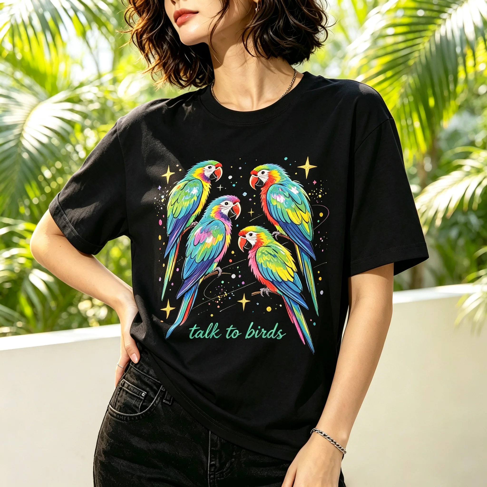 Talk To Birds Colorful Macaw Parrots Star Sparkle Watercolor Graphic T Shirt Tropical Animal Print Women Short Sleeve Casual Tee
